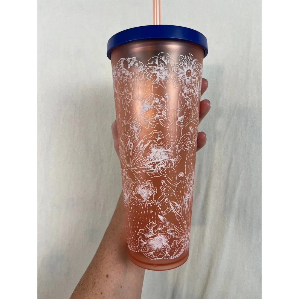 Starbucks 24oz Venti Cold Cup Tumbler Coral Peach Cactus Desert Flower Navy Lid